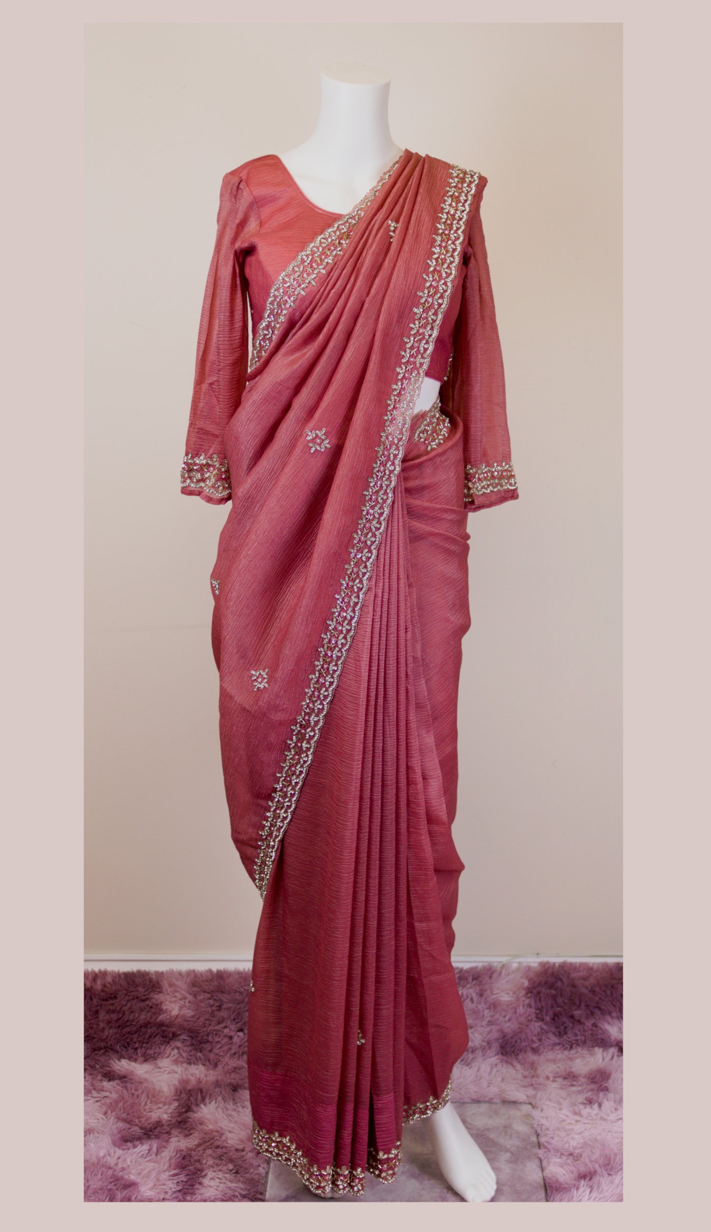 pink saree and blouse border work