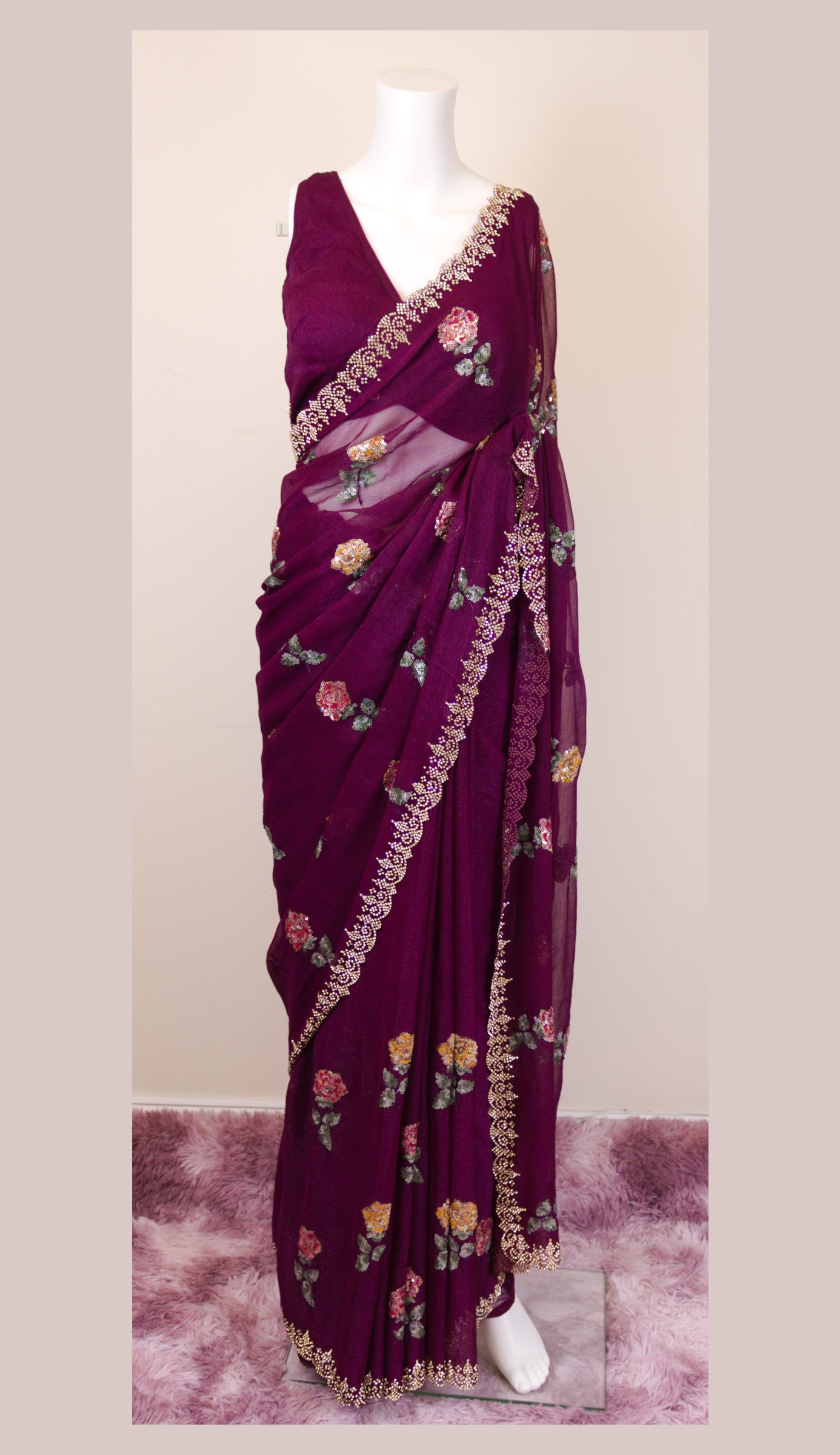 purple net with flower sequence work saree blouse